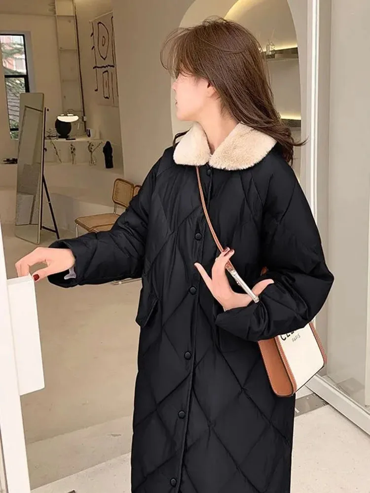 Korea Faux Fur Collar Long Cotton Parkas Coat Snow Wear Winter Elegant Loose Jackets Tops New Thicken Warm Women Overcoat Casaco