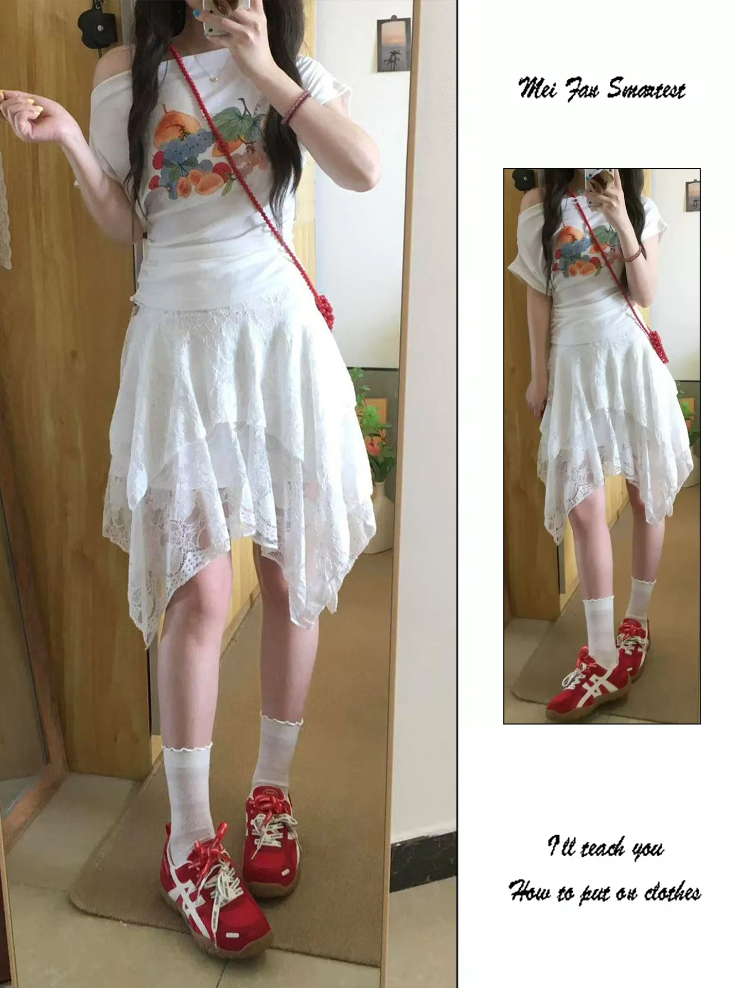 

Sweet Ballet Style White Lace A-Line Skirt Women Summer Design Irregular Hot Girl High Waist Flared Skirt Casual Lace Sk...