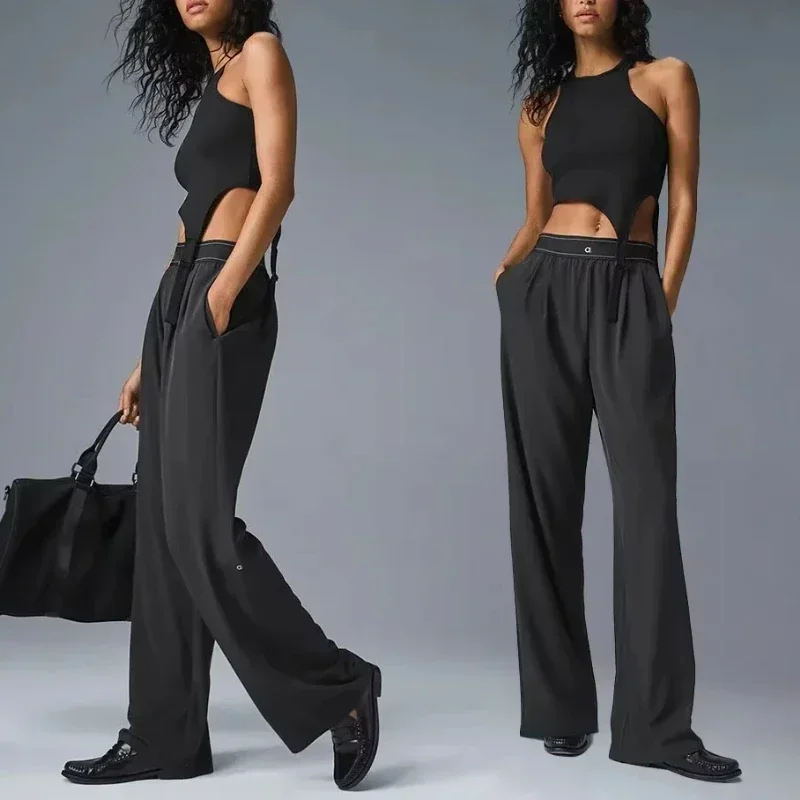 

Women's Wide Leg Pants Yoga Front Fold Loose Elastic Waist Sports Straight Pants Pocket Soft Black Casual Trousers Women Summer