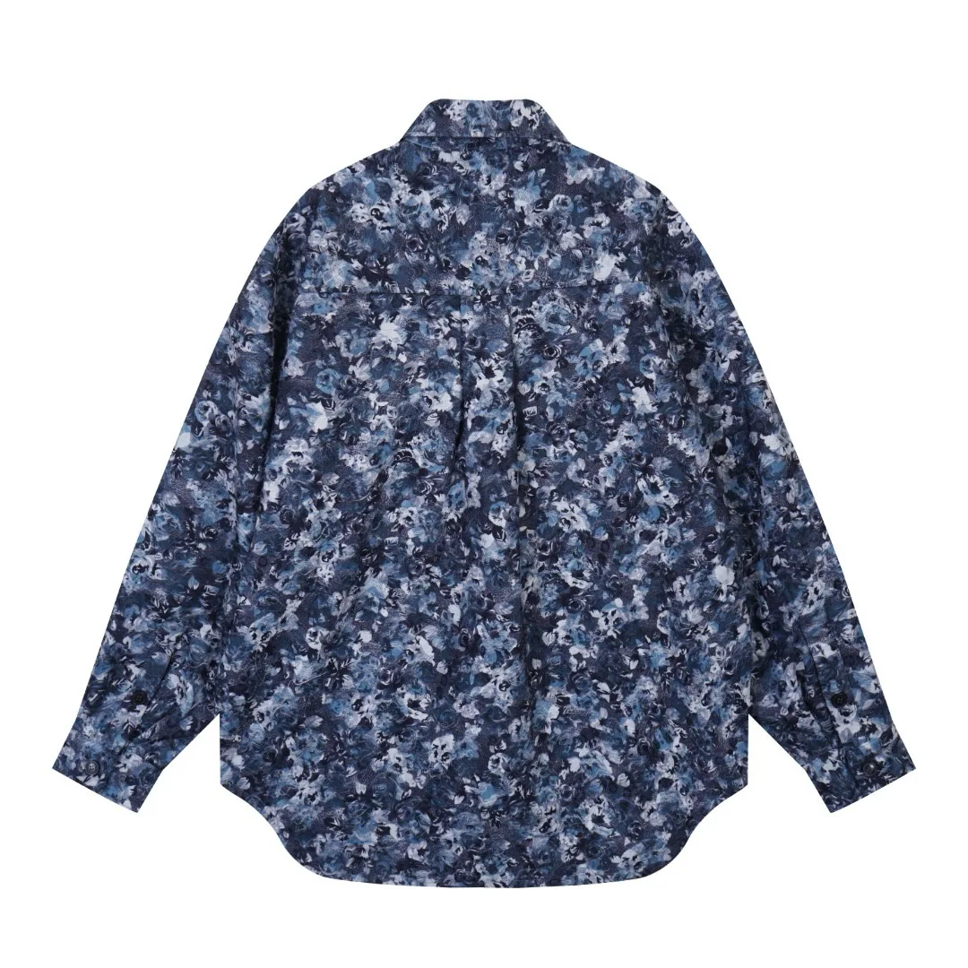 Deep blue flowers worn thickened silhouette autumn fashion brand new short coat men's new 2024 wide jacquard lapel shirt jacket