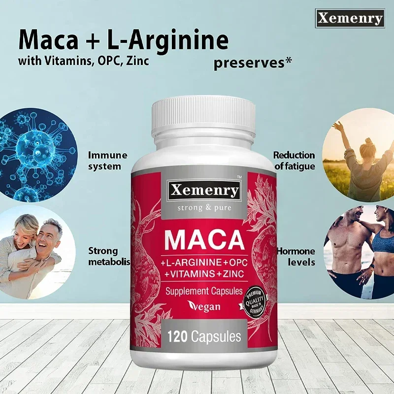 Maca Root Capsules + L-Arginine, Vitamins B6 + B12, OPC & Zinc, for Men & Women, 120 Veggie Caps