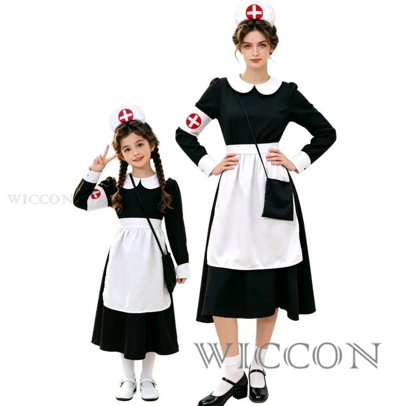 ensemble-d'uniformes-de-cosplay-d'infirmiere-assortis-pour-la-famille-tenue-d'infirmiere-classique-noir-et-blanc-pour-performance-scenique-jeu-de-role-d'halloween-pour-femmes