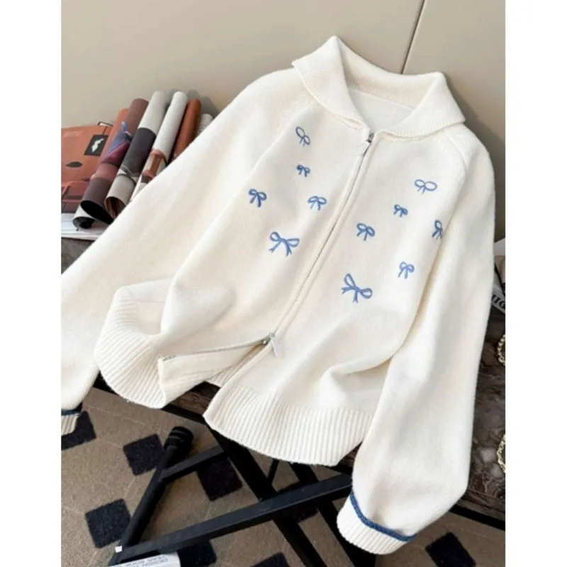 

Retro Sweet Bow Knitted Cardigan Top for Women's Spring and Autumn Design Lapel Inner Sweater Jacket
