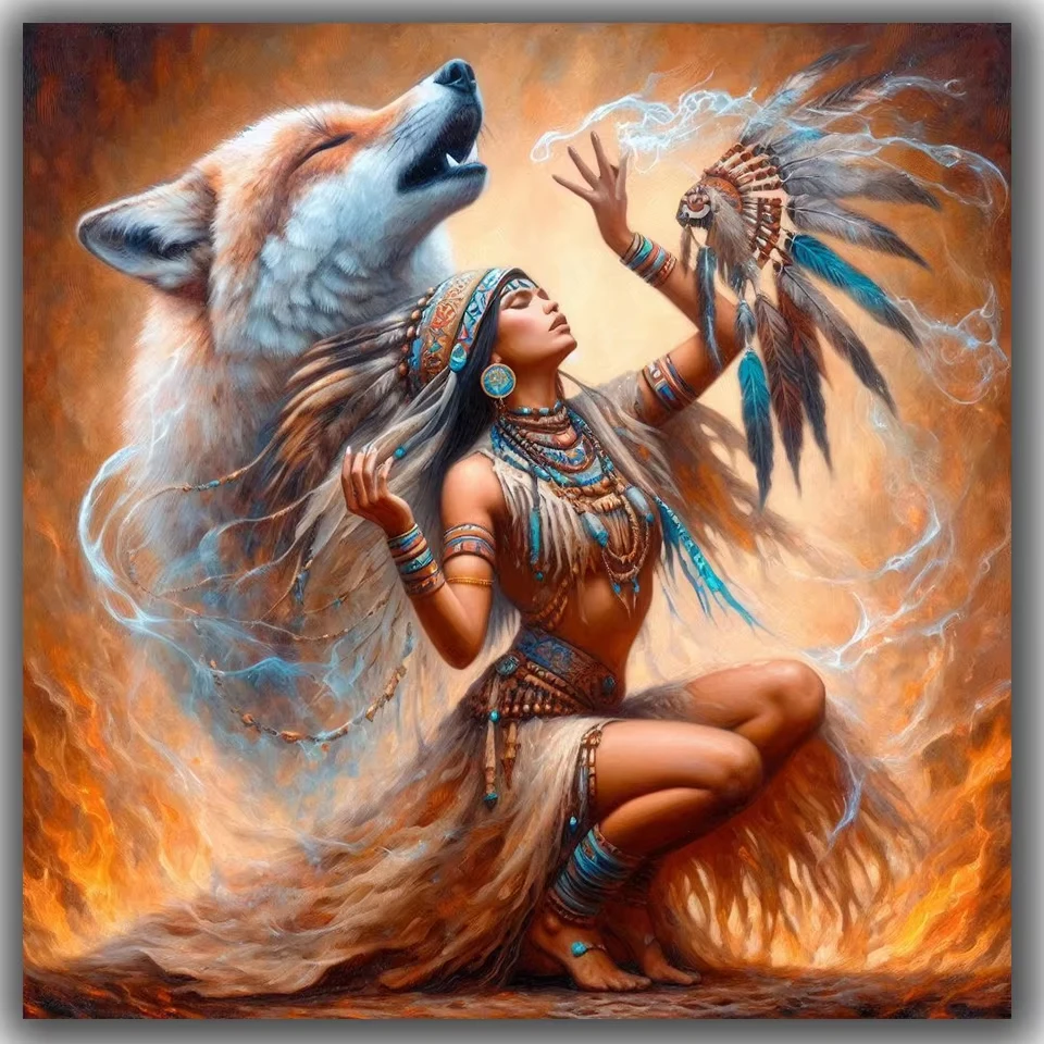 Wolf Amerikanische Frau Diamantmalerei Neu 2026 DIY Voll-Diamant-Mosaik Kreuzstich-Sets Erstaunliches Liebesgeschenk