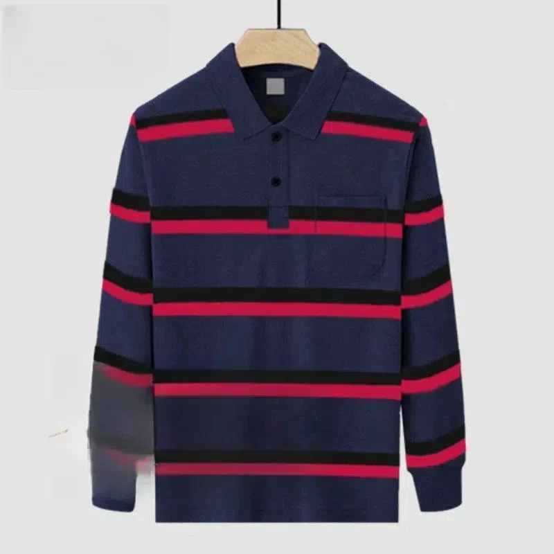 Men\'s Clothing Spring Autumn Turn-down Collar Long Sleeved Striped Button Contrast Color T-shirt Formal Casual Fashion Tops