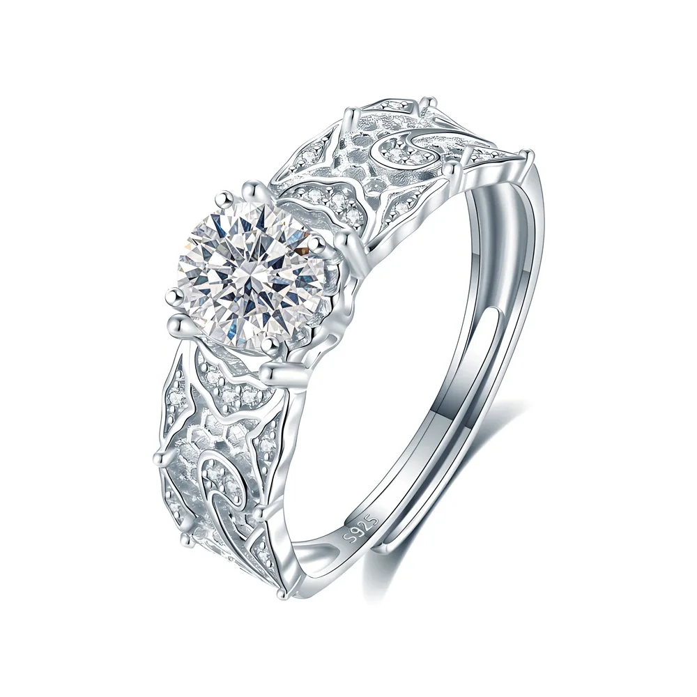 

S925 Rhodium Plated 0.8CT D Color Moissanite Lace-Openwork Ring for Women - GRA Certified, Elegant Adjustable Jewelry Gift.