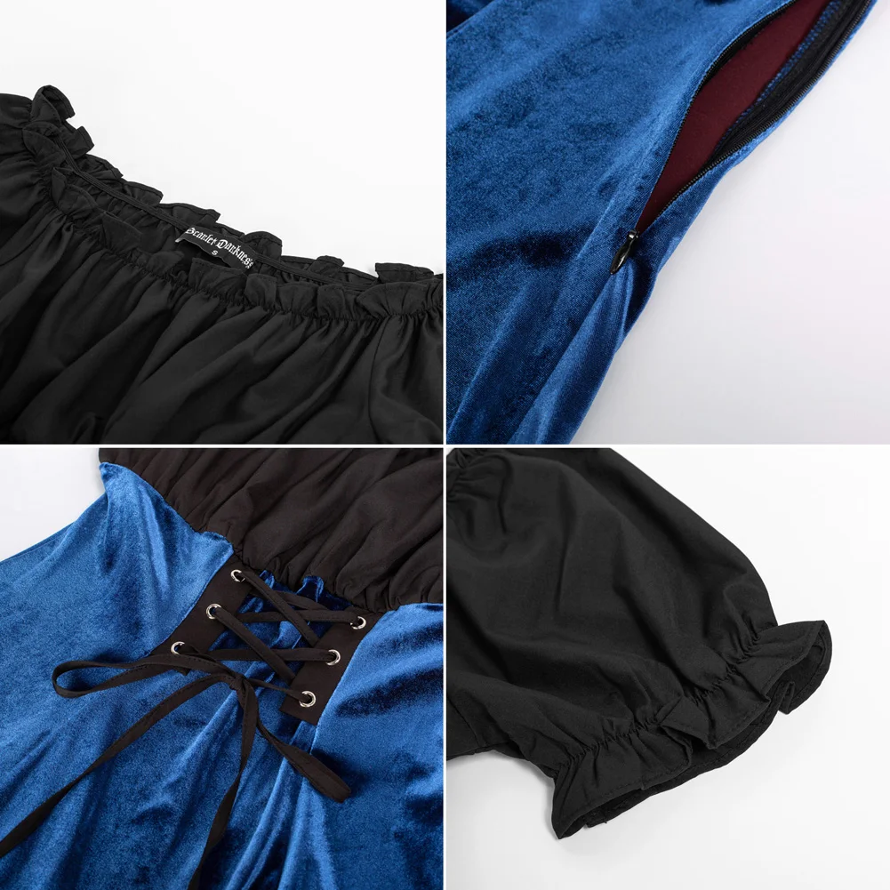 SD Women Contrast Fabric Skater Dress Short Sleeve Off Shoulder Ruffled Hem Dress Lace Up Renaissance Costume Pirate Peasant