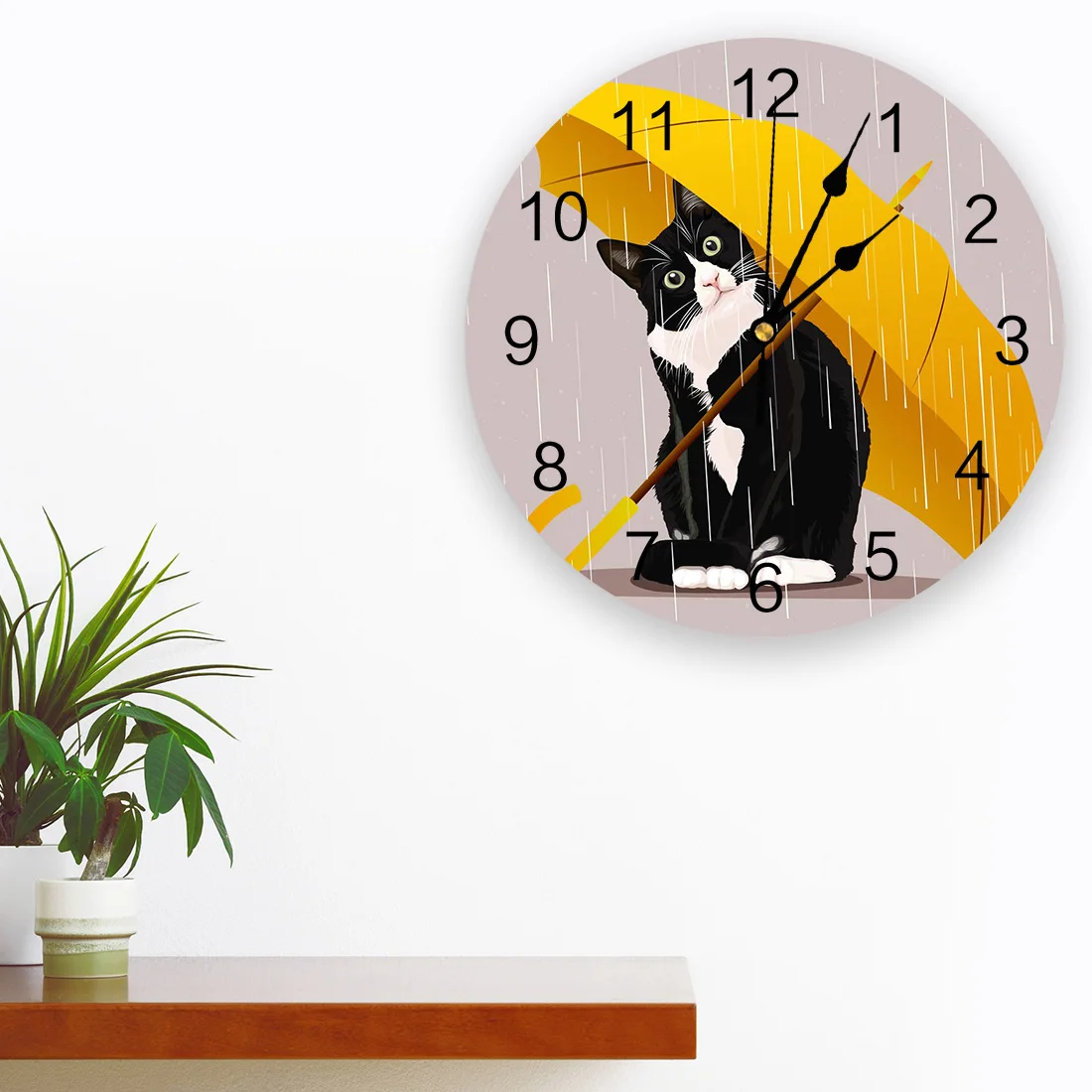 Yellow Umbrella Cat Wall Clock Modern Design Round Indoor Home Office Living Room Decoration House