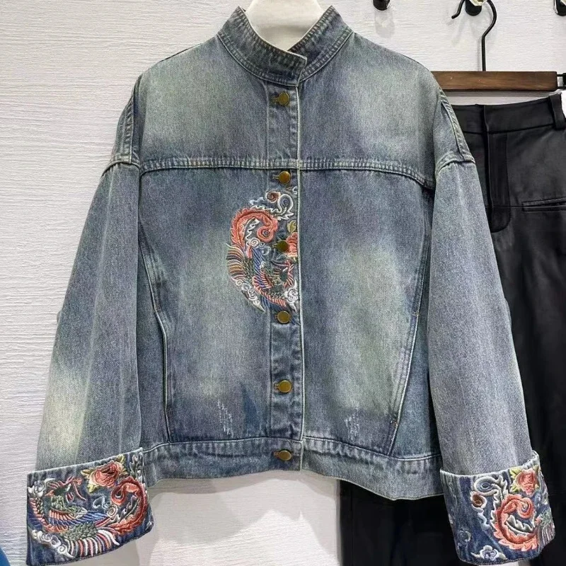 Embroidered Graphic Woman Jean Coat Spring Autumn Blue Denim Jacket for Women with Print Korean Outer Luxury Original Outerwear