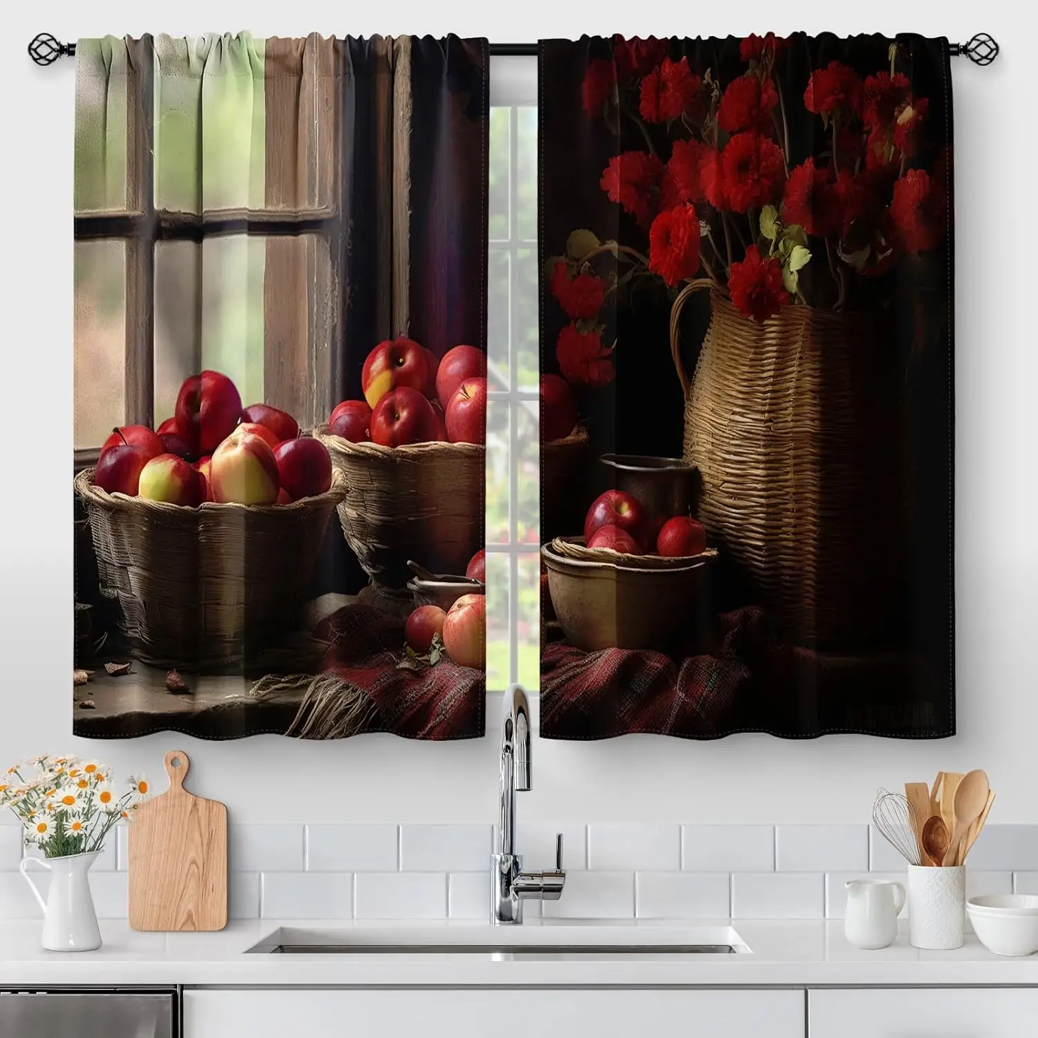 Still Life Curtain Red Apples and Flower Vase Print for Kitchen Window Art Decor