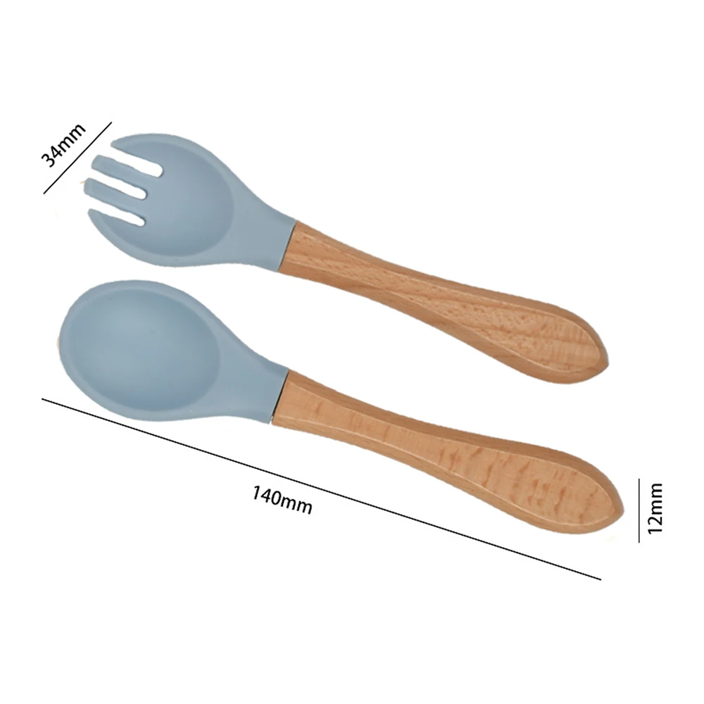 2Pcs Children\'s Wooden Handle Silicone Fork Spoon Soft and Resistant To Falling Baby Feeding Spoon Set Auxiliary Food Fork Spoon