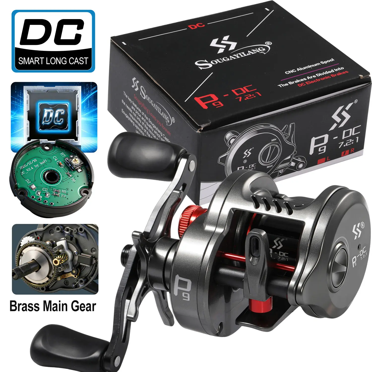 SOUGAYILANG DC Round Baitcasting Reel, 7,2:1, 155 g, ultraleicht, Hybrid-Keramiklager, digitales elektronisches Bremssystem