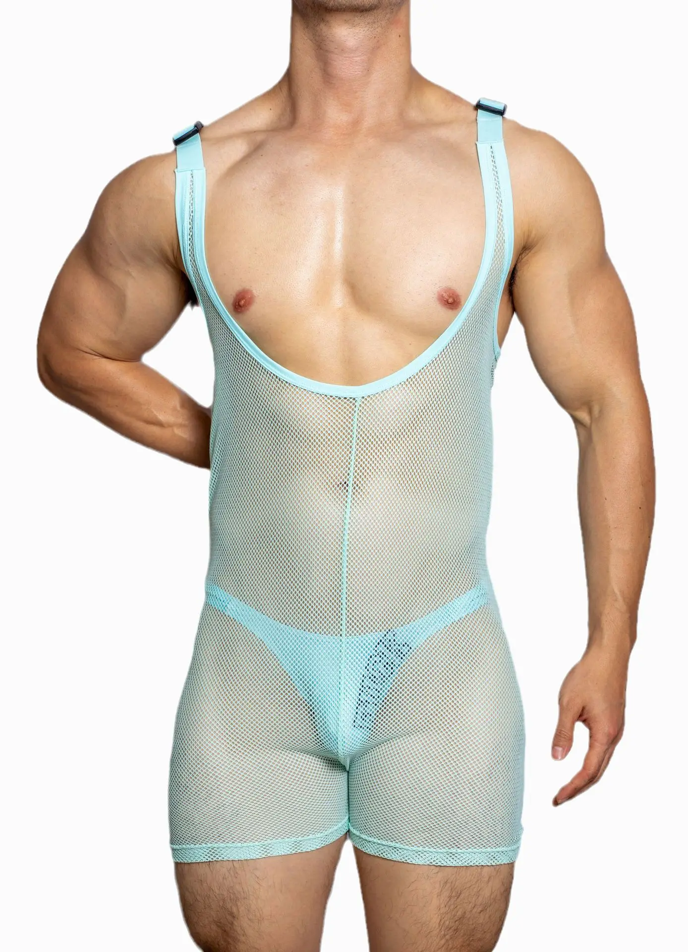 Men\'s Jumpsuit Temptation Suspender Youth Boxer Shapewear Transparent Sexy See-through Erotic Mesh Boxer Pants