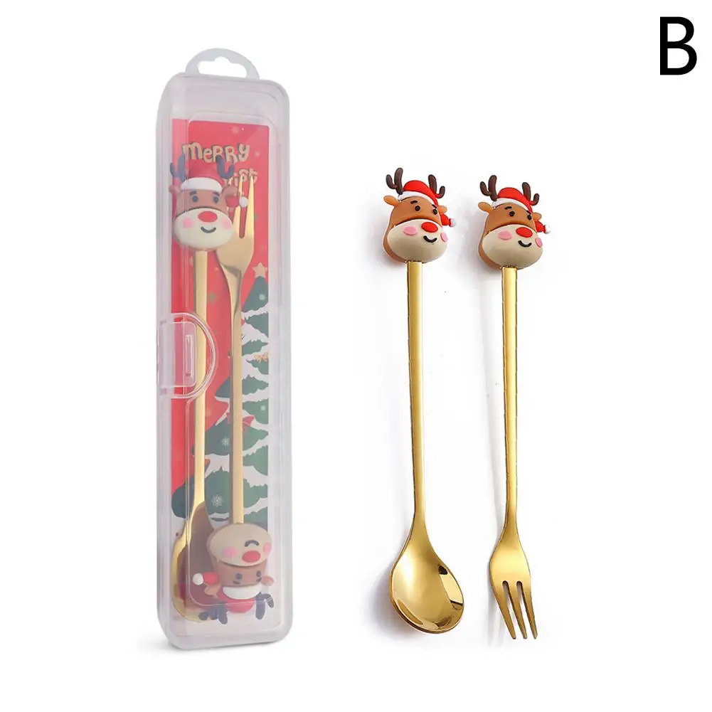 Cartoon Steel Spoon Cute Santa Claus Dessert Fork Tableware Q Fruit Spoon Storage Version Box Fork Q0u0 image 5