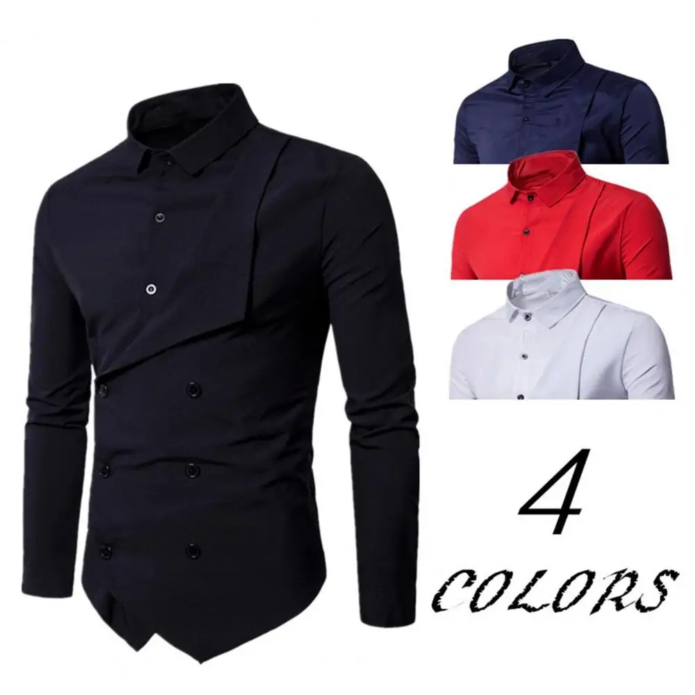 Men Autumn Winter Chef Shirt Double Breasted Lapel Fake Two Pieces Design Slim Fit Work Shirt Workwear