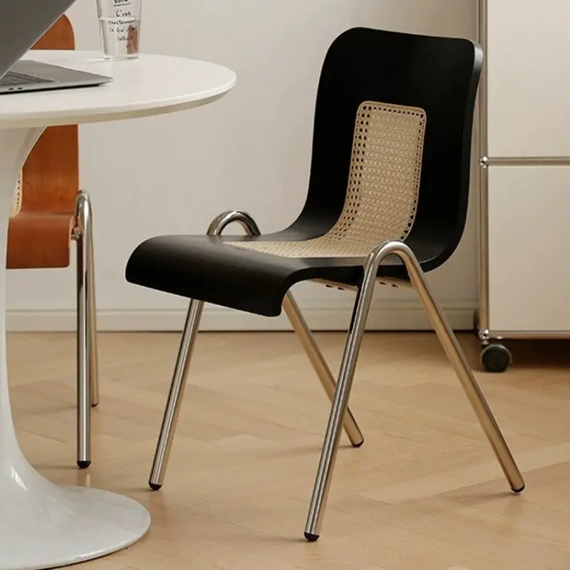 Home Restaurant Creative Rattan Backrest Dining Chair Living Room Bedroom Comfortable Stainless Steel Solid Wood Backrest Stool