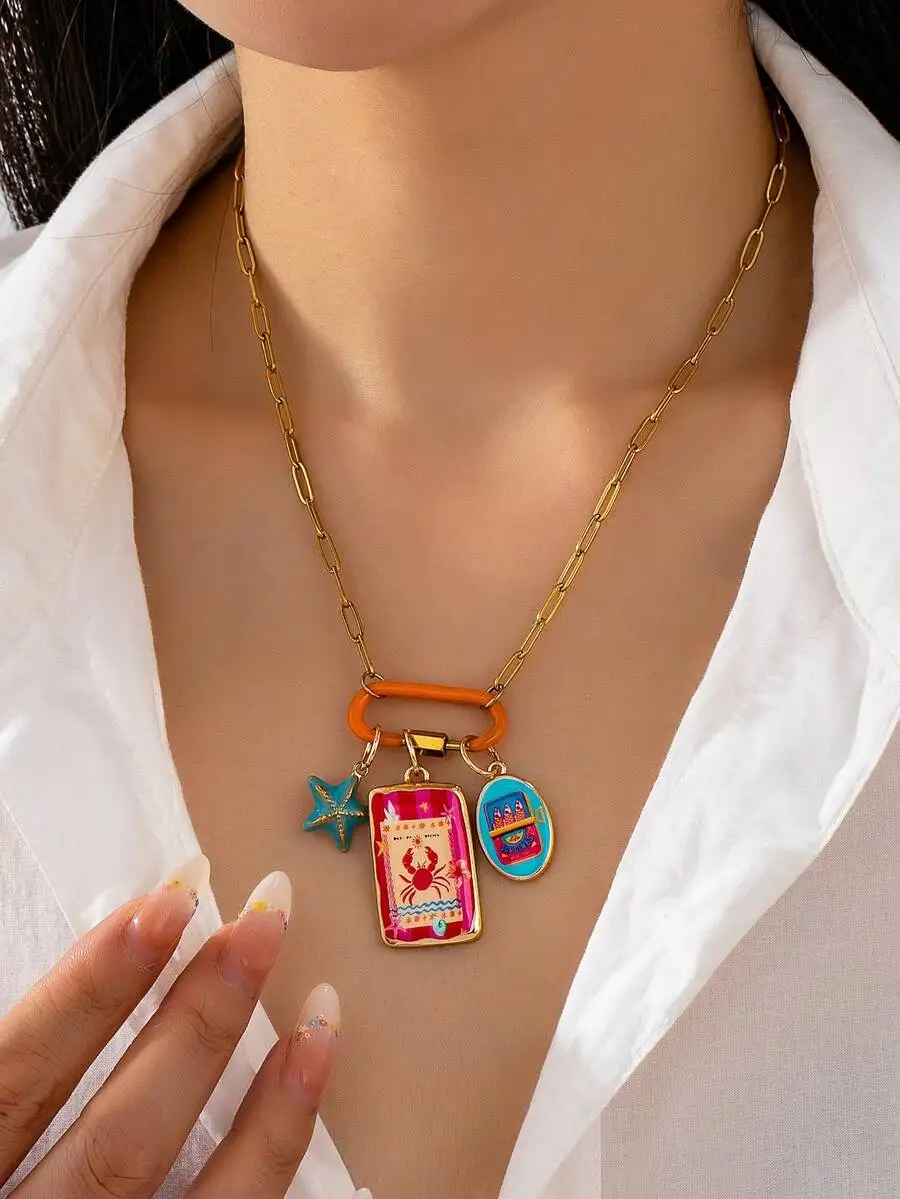 Gold Plated Adjustable Paperclip Chain Necklace With Colorful Enamel Charms Ocean Starfish Crab Boho Beach Jewelry For Women