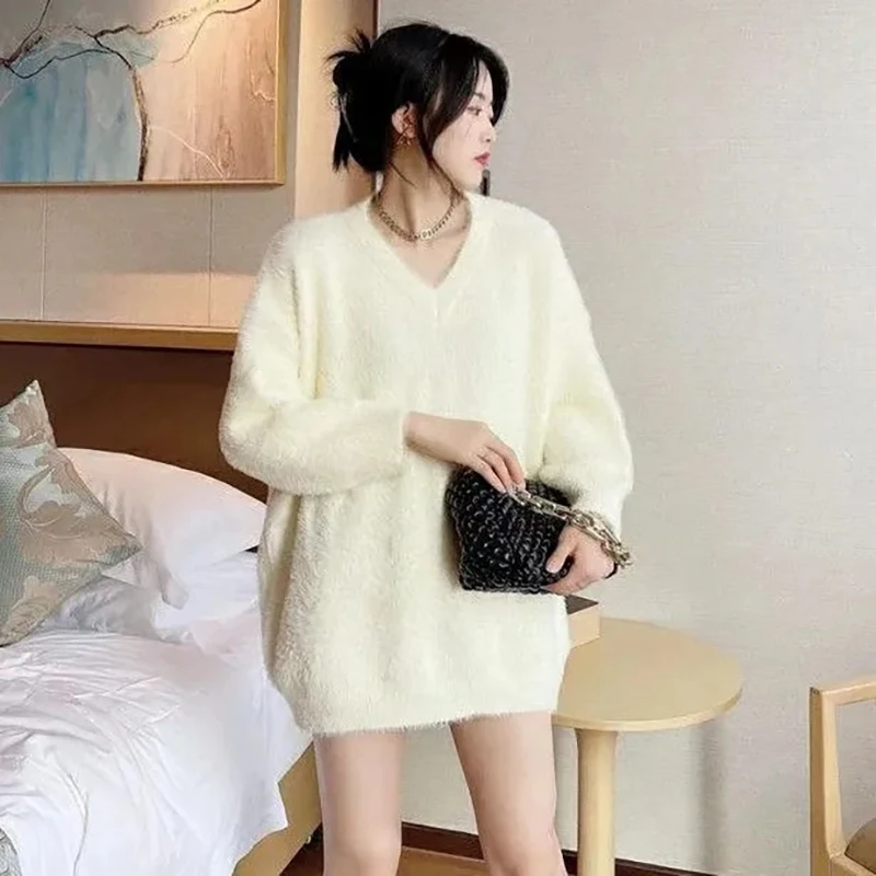 Elegant Sexy V-neck Imitation Mink Velvet Knitting Pullovers Autumn Winter Thick Loose Long Sleeve Midi Sweater 2023 White Tops