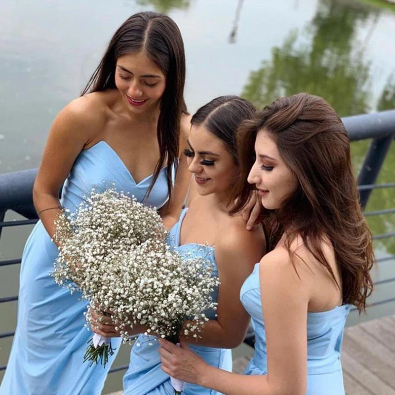 

Mermaid bridesmaid dresses sky blue evening dress sweetheart folds Backless front slit vestido madrinha de casamento longo custo