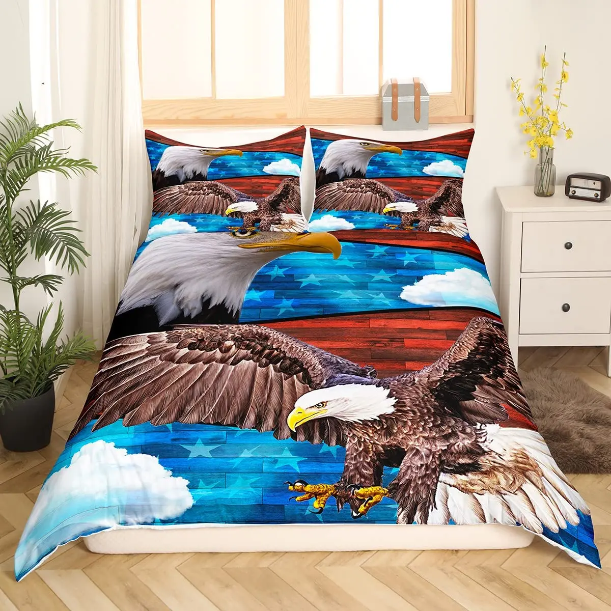 Africa Duvet Cover Set, Aerial View of Bald Eagle Flying USA, Decorative 3 Piece Bedding Set with 2 Pillow Sham, Full King Size