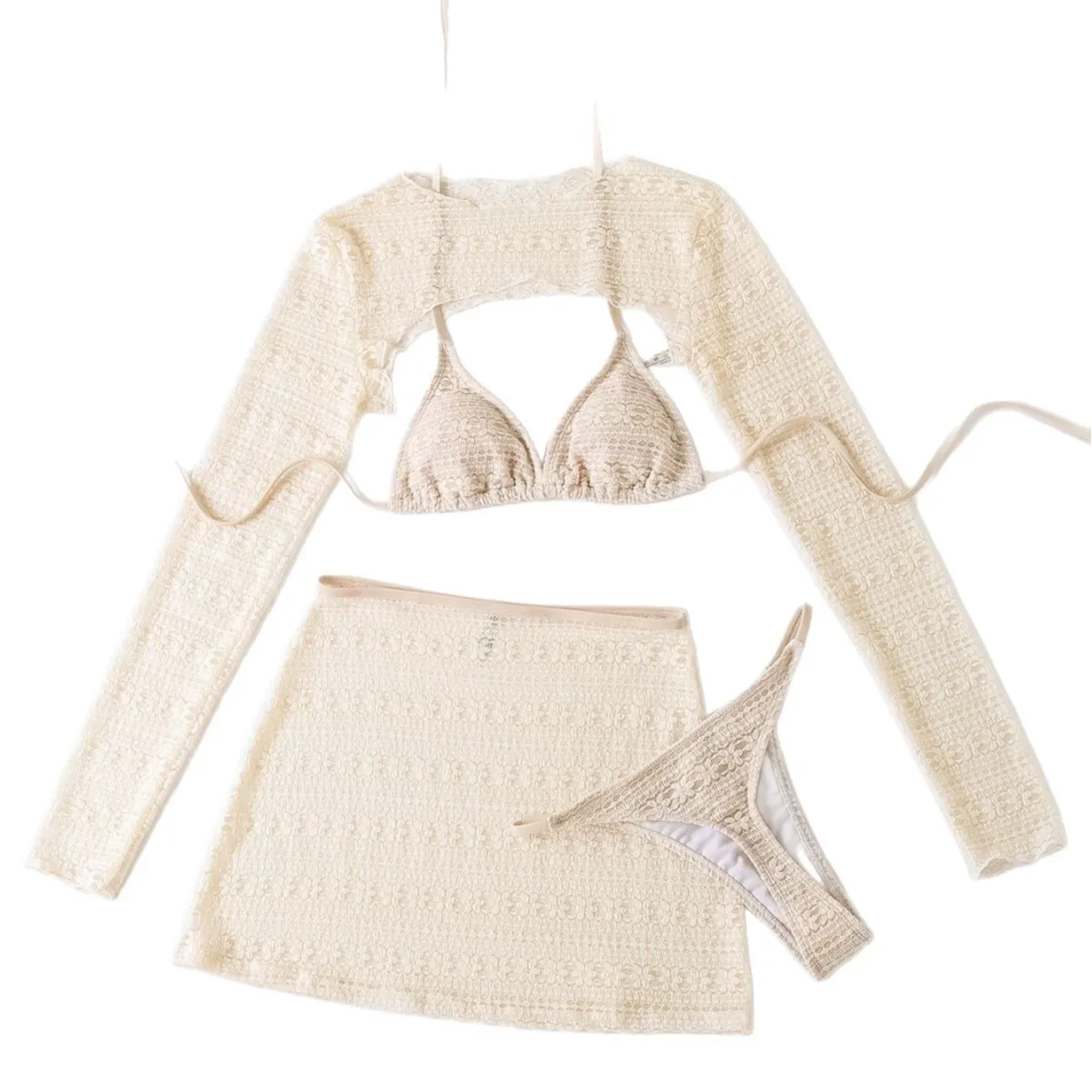 2025 ソリッドカラーの新しい首吊りセクシーな水着ハーフスカートとパーカー 4 点セット分割水泳