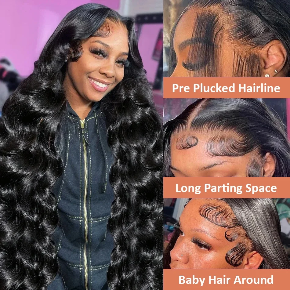 Perruque Lace Front Wig Body Wave naturelle sans colle, cheveux humains, pre-plucked, 40 pouces, 4x4 13x4, 13x6 HD