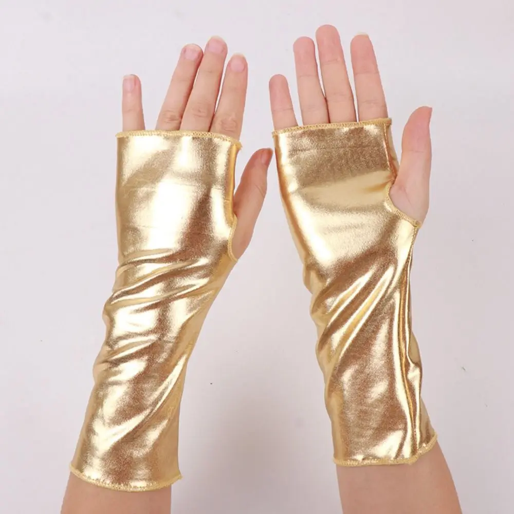 1 Pair Glossy Finish Fingerless Gloves Punk Style Imitation Leather Performance Gloves Thin Girl's Sleeve Set