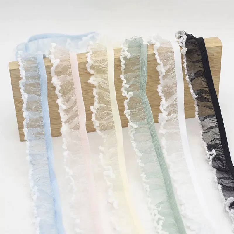 2/5/10 Meter elastisches Rüschen-Spitzenband, transparenter Chiffon-Besatz, Spitzenstoffband für DIY-Bekleidung, Nähen, handgefertigte Accessoires, 2 cm – Detail 2