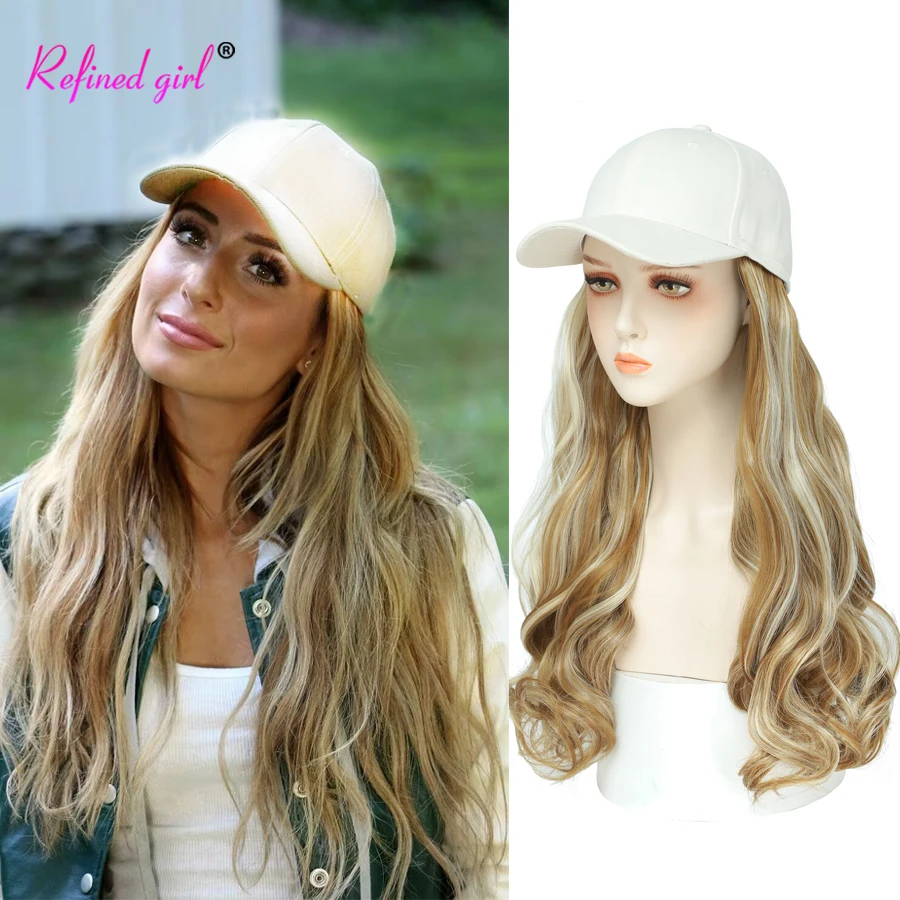 Synthetic Wig Baseball Cap with Body Wave Hair extensions Hat Wigs Mix Brown Blonde Black Connect Wig Adjustable for women girls