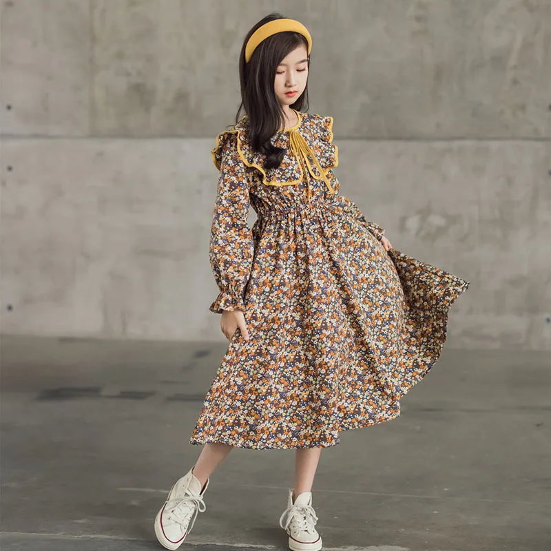 Girls Dress Floral Printed Long Sleeve Spring Autumn Cotton Midi Casual Teen Dress Kids Clothes Robe Fille 6 8 10 12 14 Years