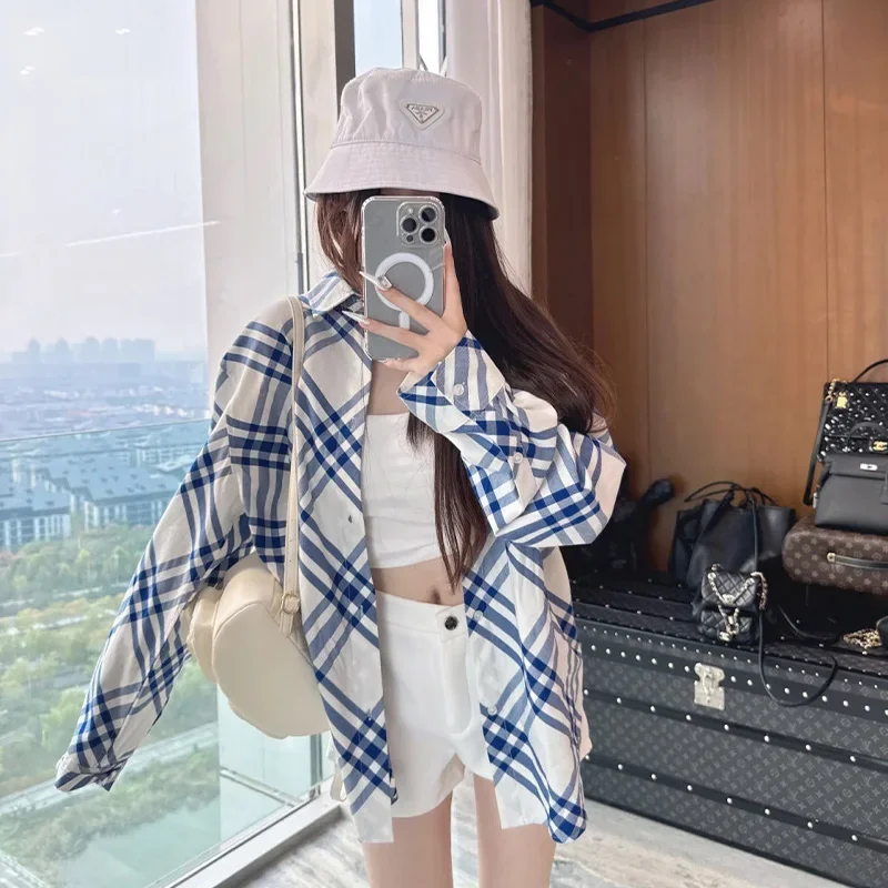 

Сине-белая клетчатая полосатая рубашка с длинным рукавом, весна-лето, новые свободные темпераментные топы, модная одежда для женщин