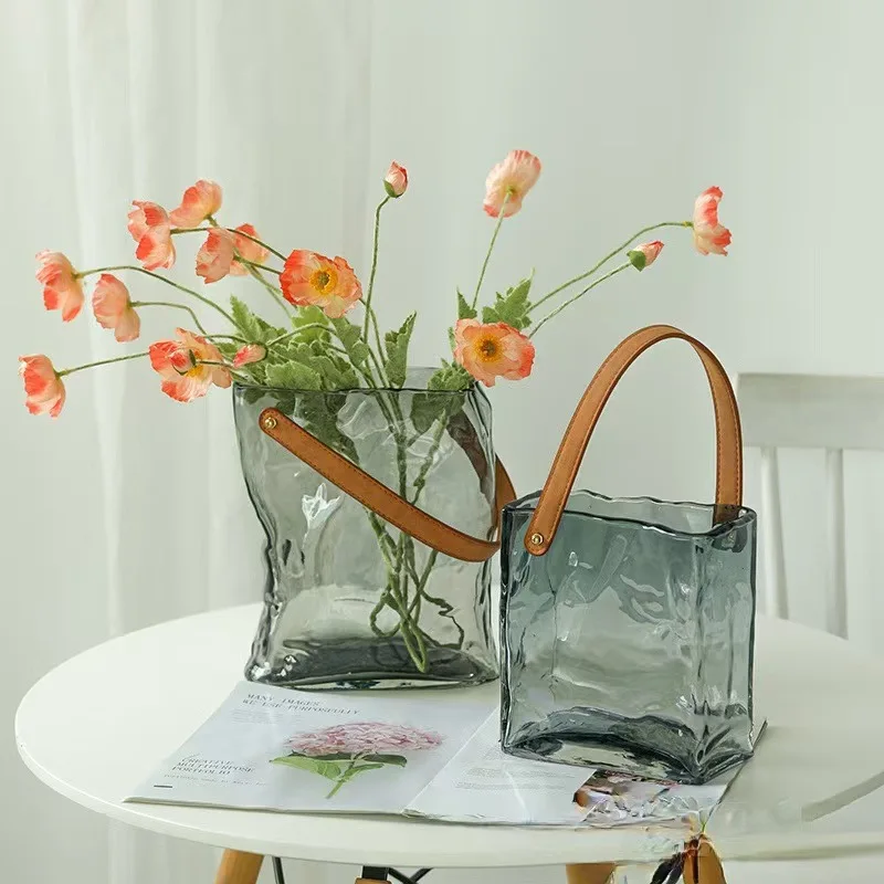 1Pcs Glass Vase Bag Shaped Leather Handbag Aquarium Transparent Hydroponic Flowerpot Home Decoration Accessories