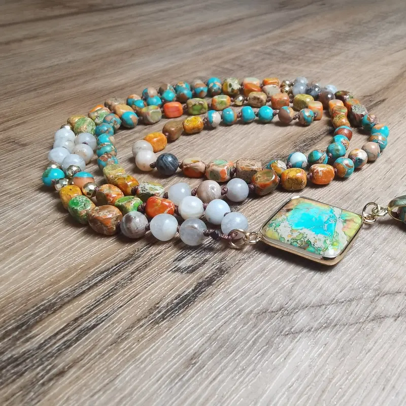 Bohemian Long Beaded Necklace Composite Turquoise Teardrop Pendant Multicolor Natural Stone Handmade Women Statement Jewelry