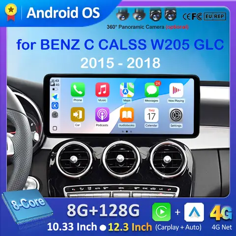 벤츠 C CALSS W205 GLC 2015 - 2018 차량용 비디오 멀티미디어 플레이어 Carplay GPS 네비게이션 QLED 스크린 용 안드로이드 지능형 시스템