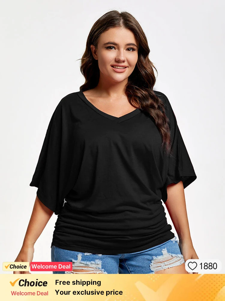 

Plus Sized Clothing Batwing Sleeve Fashion Women Ruched V-Neck Short Sleeve Female Tee Slim Fashion Casual Solid Lady Tshirt