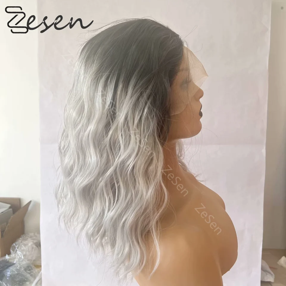 

Ombre Gray Color Highlight Wig Short Wave Bob Synthetic Hair Lace Front Wigs Silver Gray Glueless Frontal Lace Wigs For Women