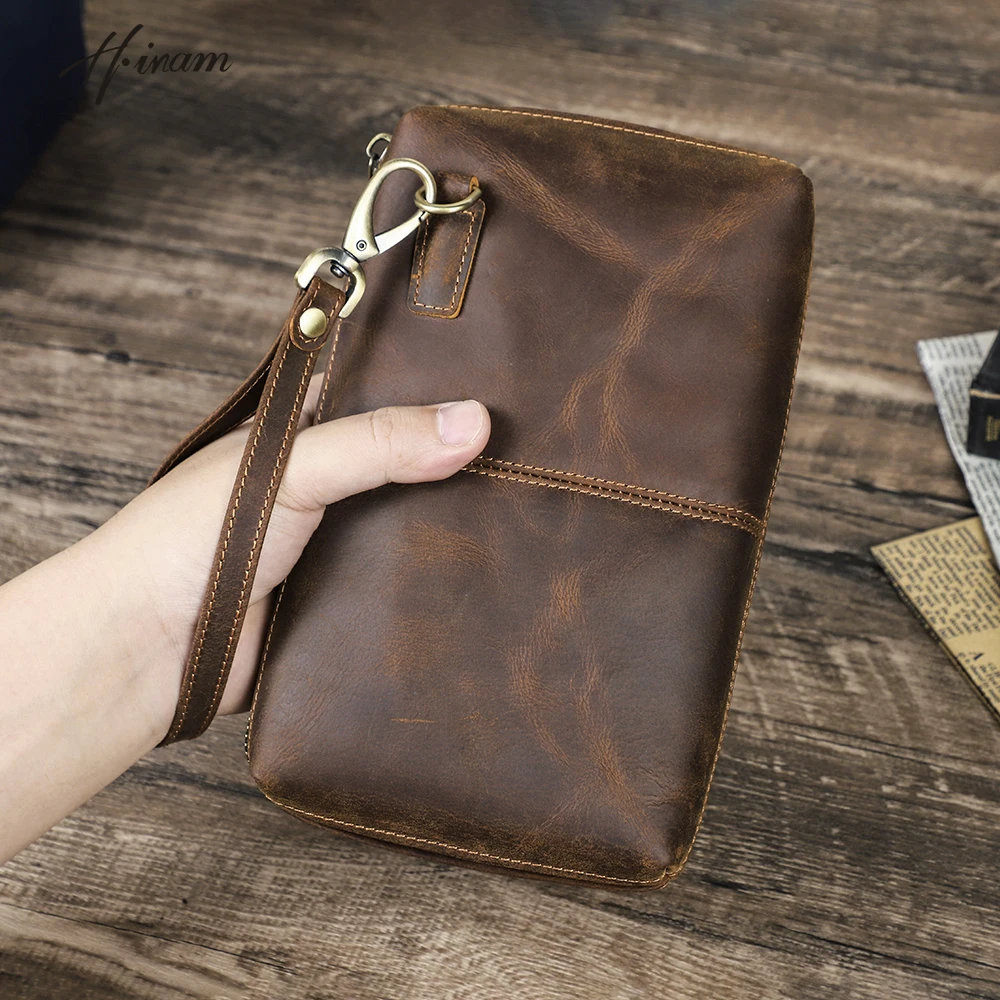 Vintage męskie kopertówki RFID oryginalna skórzana torebka Crazy Horse męskie długie portfele na pieniądze etui na telefon męska kopertówka portmonetka