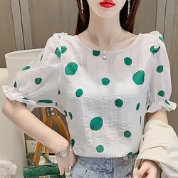 Fashion Women Summer Short Sleeved Polka Dot Puff Sleeve New Round Neck Backless Frenulum Hollow Out Loose All-match T-shirt