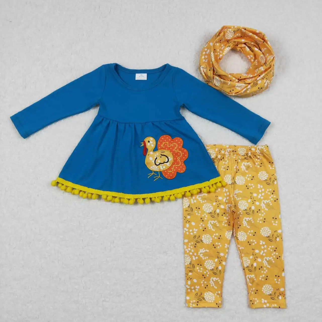 

Kids Toddler Thanksgiving Outfit Long Sleeves Embroidery turkey Cotton Tunic Baby Girl Floral Pants Infant Children Scarf Set