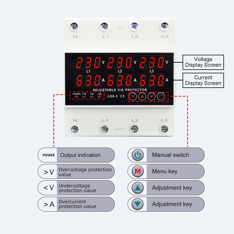 3P+N Din rail Voltmeter Ammeter adjustable Over and Under Voltage current limit protection Monitor  Six Digital Display