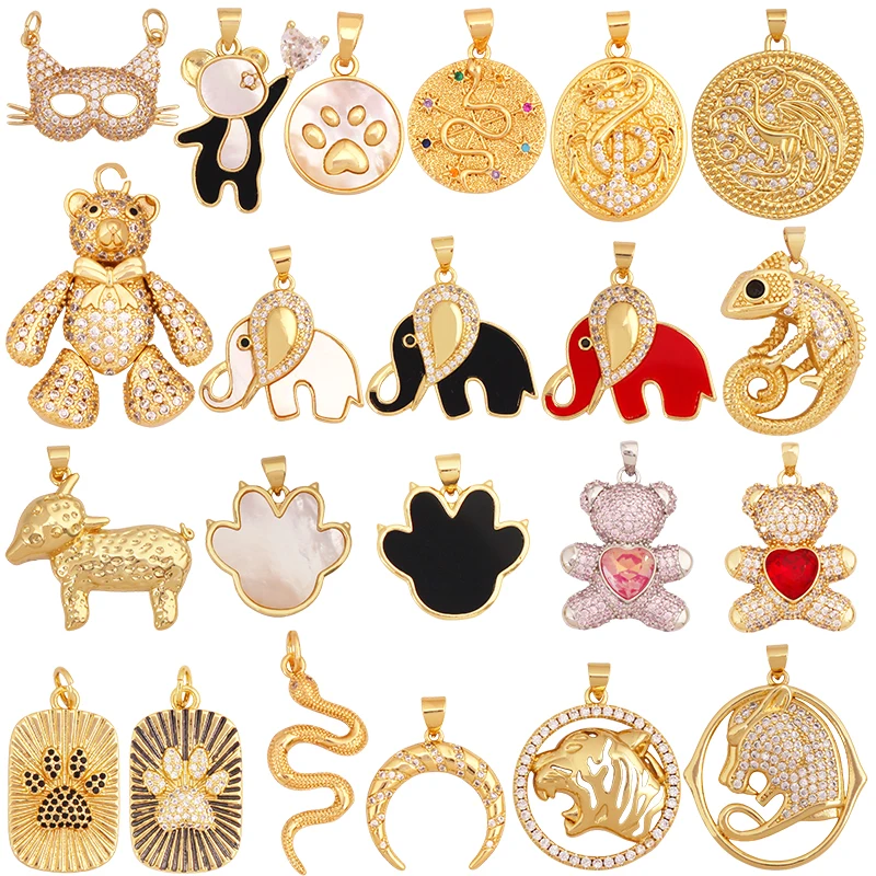 Animal Cat Bear Lion Leopard Snake Fox Sheep Charm Pendant,Real 18K Gold Plated Necklace Bracelet Jewelry Components Supply S36