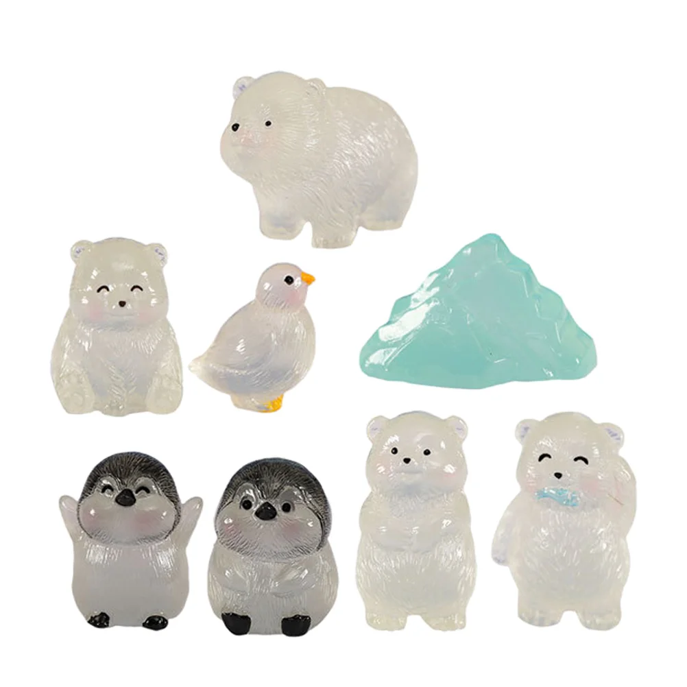 8 Pcs Polar Bear Tiny Animals Miniature Figurines Resin Luminous Decor Small Garden