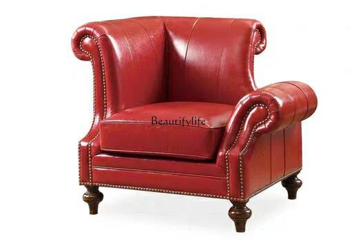 

American Single-Seat Sofa Chair Small Apartment Living Room High Back Leather Red Leather Sofa