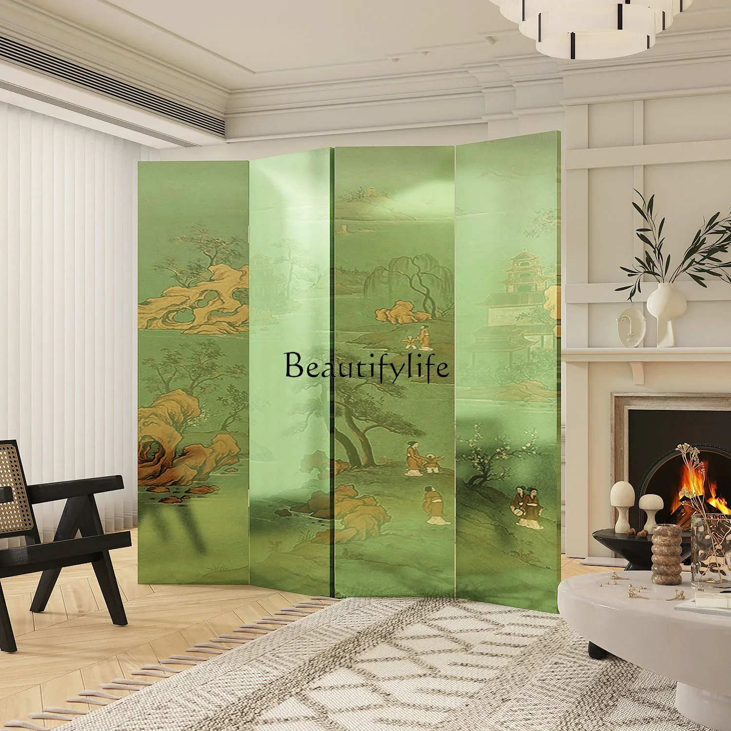 3Modern solid wood lacquer painting screen partition living room entry door middle ancient style blocking folding screen