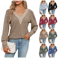 Women's Casual Fashion V-neck Pullover Solid Color Loose Commuting Long-sleeved Lace Edge Solid Color T-shirt Tops for Women