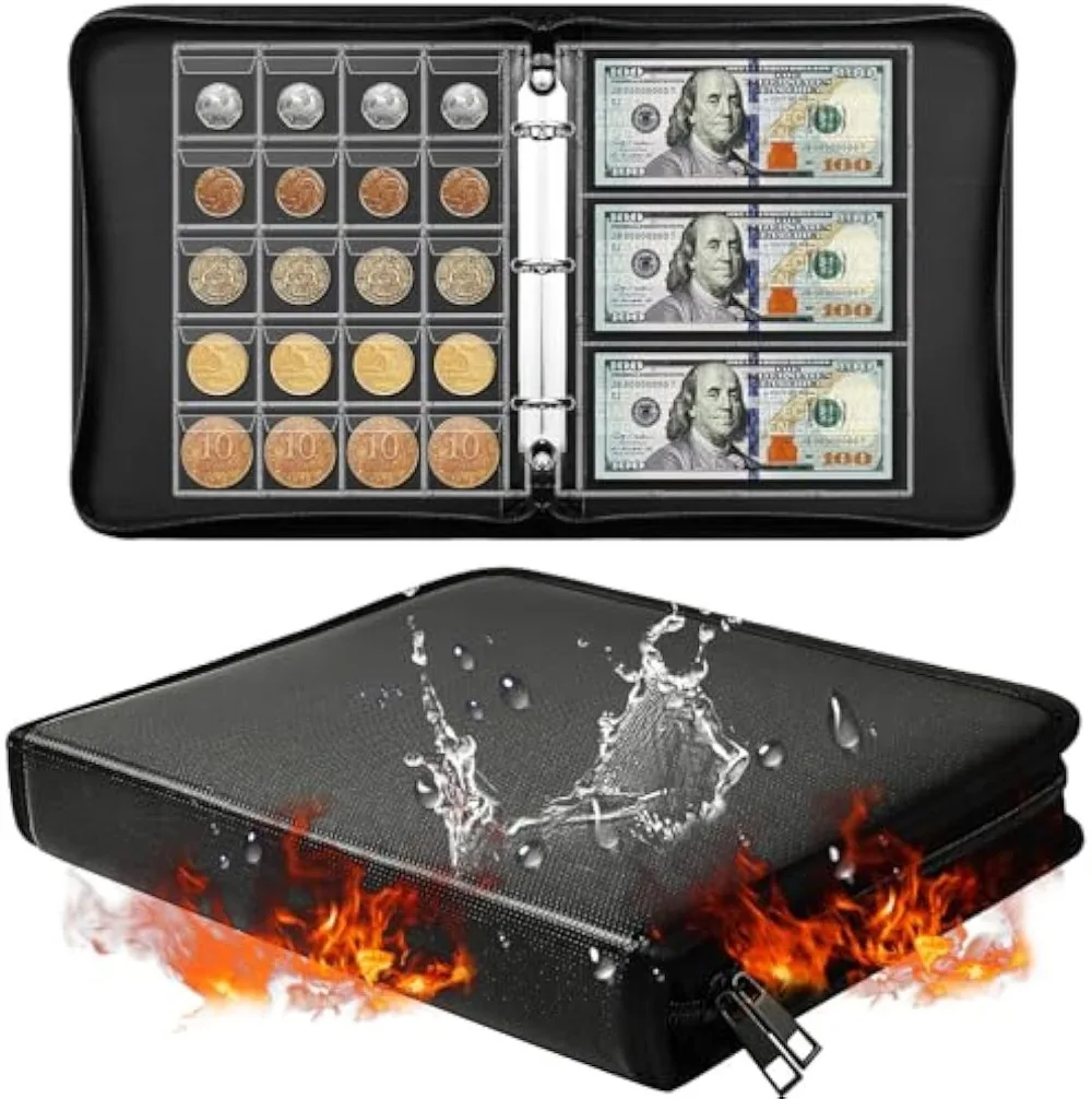 Portable Coin Collection Set Fire Resistant ProtectionTransparent Loose-leaf Philatelic Book Album with Zipper Protection Fire