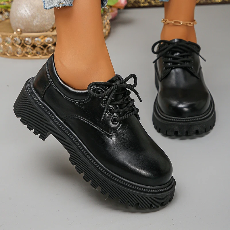 

Women's Platform Oxford Shoes Fashion Black PU Leather Lace Up Office Work Shoes Woman Round Toe Chunky Heel Dress Loafers 2025