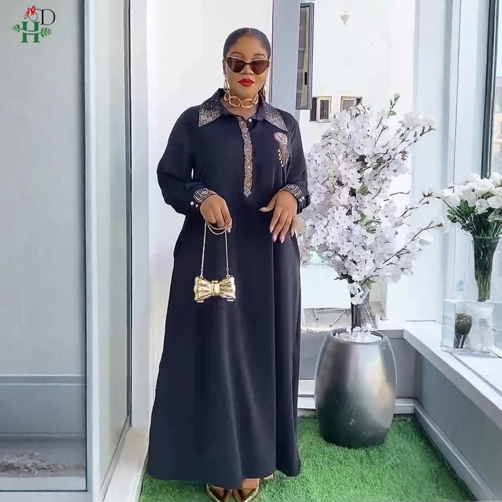 2025 Nuovo abito camicia africana taglie forti per donna Elegante Dubai Turchia Africa Abbigliamento Camicia da festa Colletto Abito quotidiano Abito tubolare