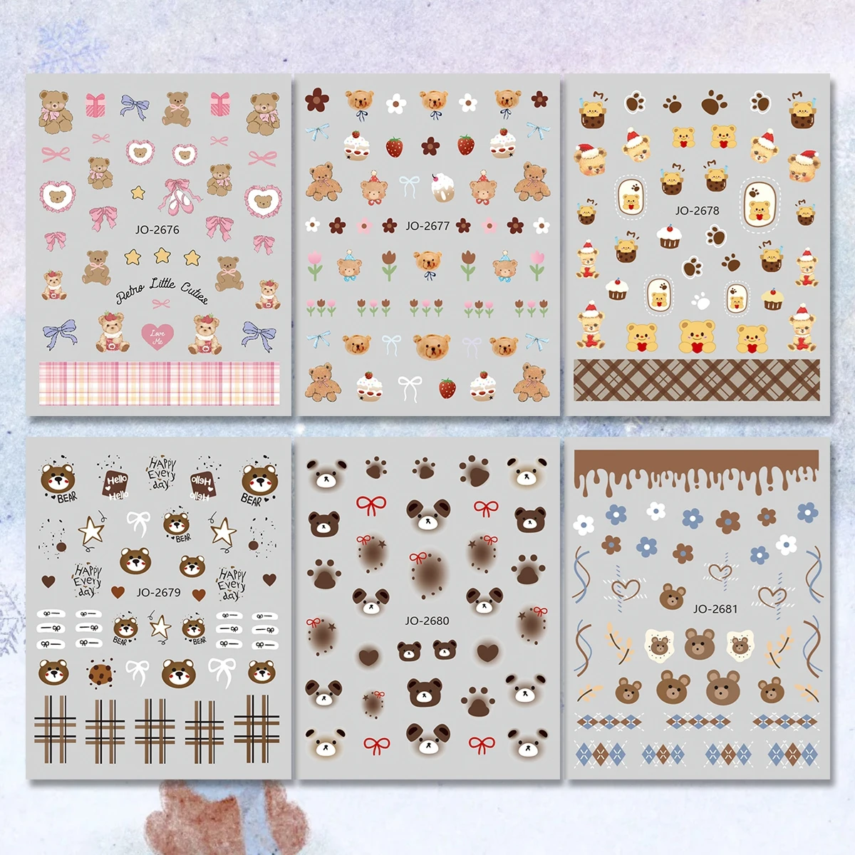 3/6/12/18 Sheets 3D Cute Bear Nail Stickers Teddy Bear Bow Plaid Heart Self Adhesive Cartoon Nail Art Decals