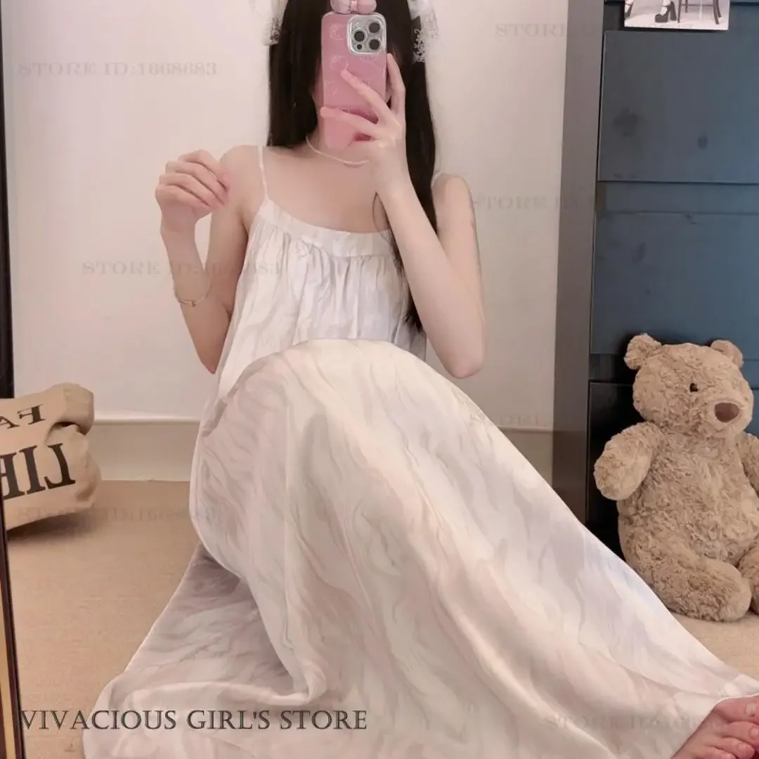 

Loose Casual Ice Silk Long Sleepdress Nightgown Summer New Female Sleepwear Home Clothes Sexy Sleeveless Nightie Loungewear